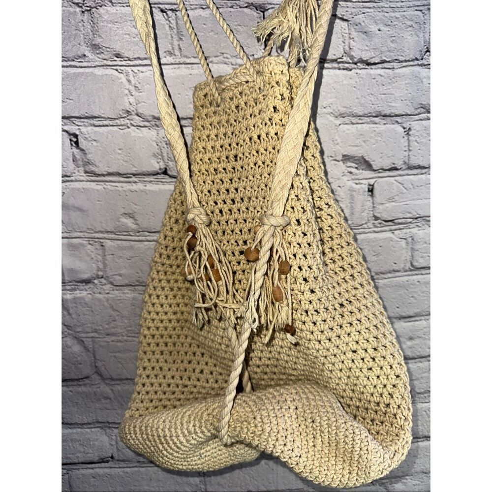 Vintage Handmade Crocheted / Macramé Drawstring Backpack – Boho String Bag w/ Co